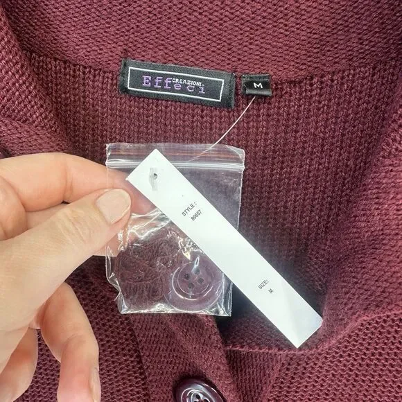 Effeci Womens Sweater Cardigan Medium Maroon Cable Knit Button Wide CollarNWT - Picture 2 of 11